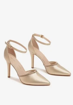 Złote Szpilki Vices z Wkładką ze Skóry Naturalnej i Ozdobnym Cyrkoniowym Paskiem Lizzeth