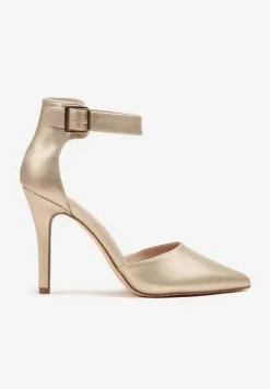 Złote Szpilki Vices z Wkładką ze Skóry Naturalnej Ozdobione Sprzączką Greliri