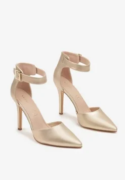 Złote Szpilki Vices z Wkładką ze Skóry Naturalnej Ozdobione Sprzączką Greliri