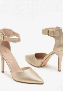 Złote Szpilki Vices z Wkładką ze Skóry Naturalnej Ozdobione Sprzączką Greliri