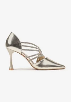 Złote Szpilki w Eleganckim Stylu Ozdobione Paskami z Cyrkonii Ettaisa