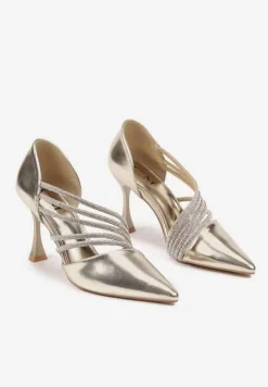 Złote Szpilki w Eleganckim Stylu Ozdobione Paskami z Cyrkonii Ettaisa