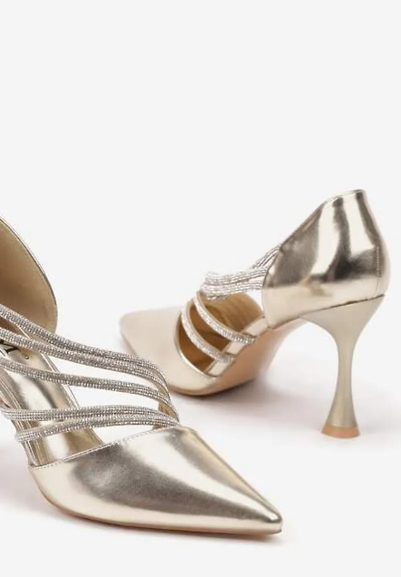 Złote Szpilki w Eleganckim Stylu Ozdobione Paskami z Cyrkonii Ettaisa