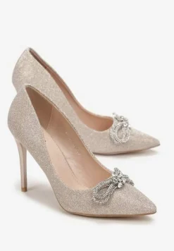 Złote Szpilki z Brokatową Cholewką i Kokardką z Cyrkoniami Yonea