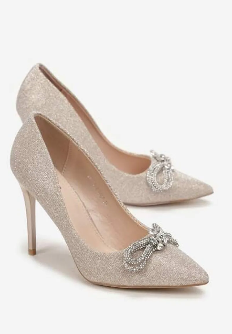 Złote Szpilki z Brokatową Cholewką i Kokardką z Cyrkoniami Yonea