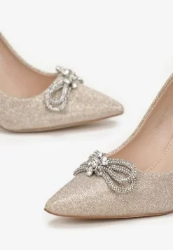 Złote Szpilki z Brokatową Cholewką i Kokardką z Cyrkoniami Yonea