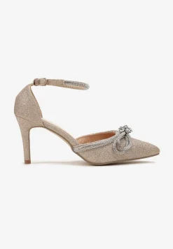 Złote Szpilki z Ekoskóry na Szpilce Ozdobione Kokardą i Cyrkoniami Dovanda