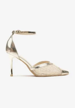 Złote Szpilki ze Szpiczastym Noskiem i Paskiem ze Sprzączką Zdobione Cyrkoniami Nolamia