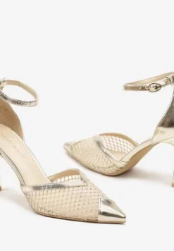 Złote Szpilki ze Szpiczastym Noskiem i Paskiem ze Sprzączką Zdobione Cyrkoniami Nolamia