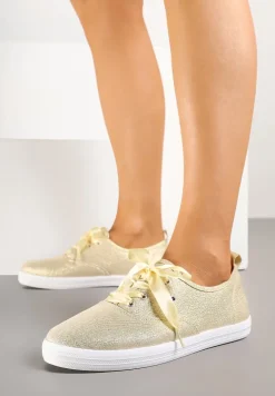 Złote Tenisówki Brokatowe z Ozdobnymi Sznurowadłami Palmena
