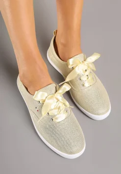 Złote Tenisówki Brokatowe z Ozdobnymi Sznurowadłami Palmena