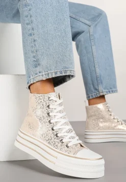 Złote Trampki Metaliczne za Kostkę na Platformie Tertewis