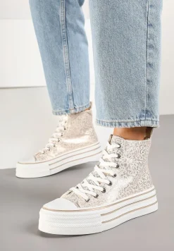 Złote Trampki Metaliczne za Kostkę na Platformie Tertewis