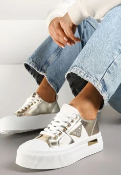 Złote Trampki na Grubej Podeszwie z Cyrkoniową Naszywką Penirea