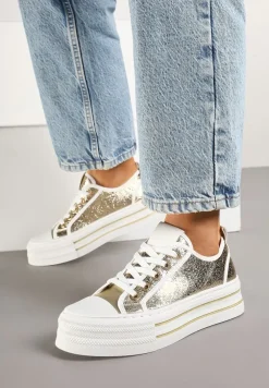 Złote Trampki na Niskiej Platformie Ozdobione Cyrkoniami Felelith