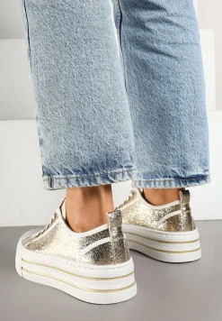 Złote Trampki na Niskiej Platformie Ozdobione Cyrkoniami Felelith
