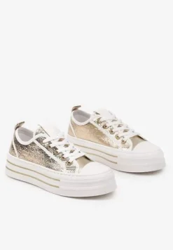 Złote Trampki na Niskiej Platformie Ozdobione Cyrkoniami Felelith