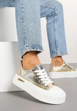 Złote Trampki na Platformie z Metalicznymi Sercami Florvila