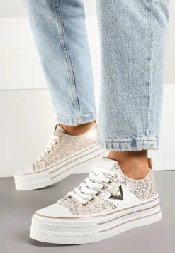 Złote Trampki na Platformie Ozdobione Metaliczną Aplikacją Telanoreta