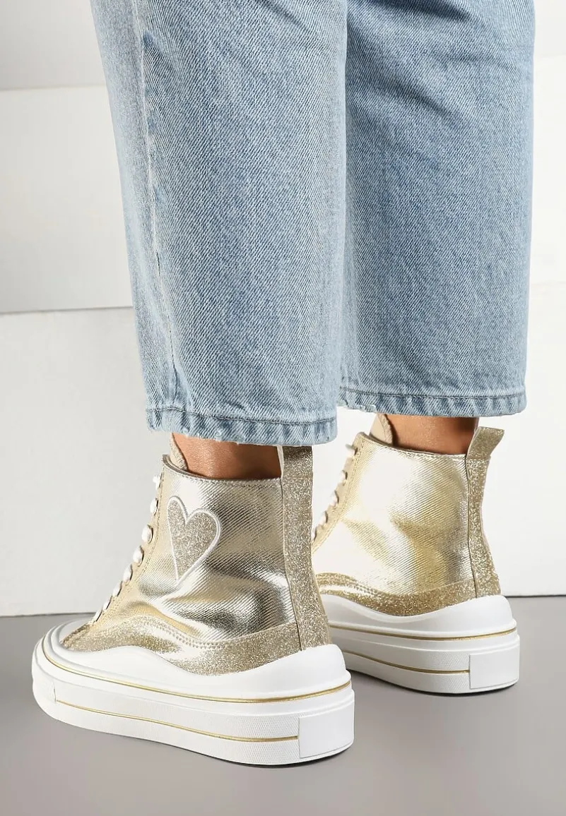 Złote Trampki na Platformie z Serduszkiem za Kostkę Ellista