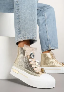 Złote Trampki na Platformie z Wysoką Cholewką Ozdobione Cyrkoniami Fenvisa