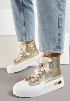 Złote Trampki na Platformie z Wysoką Cholewką Ozdobione Cyrkoniami Fenvisa