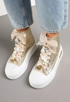 Złote Trampki na Platformie z Wysoką Cholewką Ozdobione Cyrkoniami Fenvisa