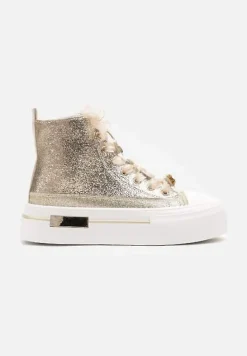 Złote Trampki na Platformie z Wysoką Cholewką Ozdobione Cyrkoniami Fenvisa