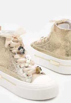 Złote Trampki na Platformie z Wysoką Cholewką Ozdobione Cyrkoniami Fenvisa