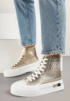 Złote Trampki na Platformie z Wysoką Cholewką i Naszywką Nurissea