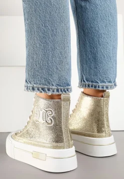 Złote Trampki na Platformie z Wysoką Cholewką i Naszywką Nurissea
