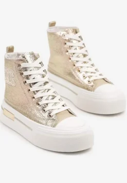 Złote Trampki na Platformie z Wysoką Cholewką i Naszywką Nurissea