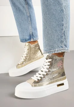 Złote Trampki na Platformie z Wysoką Cholewką Ozdobione Haftem Fonaril