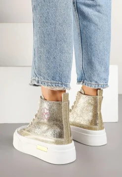 Złote Trampki na Platformie z Wysoką Cholewką Ozdobione Haftem Fonaril
