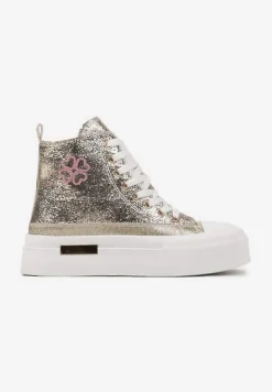 Złote Trampki na Platformie z Wysoką Cholewką Ozdobione Haftem Fonaril