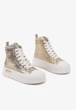 Złote Trampki na Platformie z Wysoką Cholewką Ozdobione Haftem Fonaril