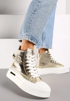 Złote Trampki z Wysoką Cholewką na Platformie Wykończone Brokatową Broszką Terilaina