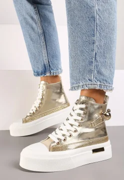 Złote Trampki z Wysoką Cholewką na Platformie Wykończone Brokatową Broszką Terilaina