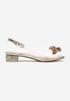 Złote Transparentne Sandały ze Skórzaną Wkładką Kwiatem 3D i Cyrkoniami Beliris