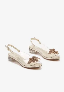 Złote Transparentne Sandały ze Skórzaną Wkładką Kwiatem 3D i Cyrkoniami Beliris