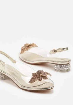 Złote Transparentne Sandały ze Skórzaną Wkładką Kwiatem 3D i Cyrkoniami Beliris