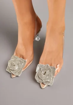 Złote Transparentne Sandały na Obcasie z Błyszczącym Kwiatkiem Alariva