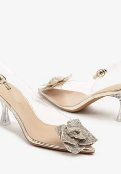 Złote Transparentne Sandały na Obcasie z Błyszczącym Kwiatkiem Alariva