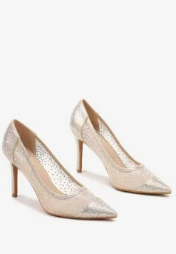 Złote Transparentne Szpilki ze Szpiczastym Noskiem Ozdobione Cyrkoniami Neliris