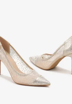 Złote Transparentne Szpilki ze Szpiczastym Noskiem Ozdobione Cyrkoniami Neliris