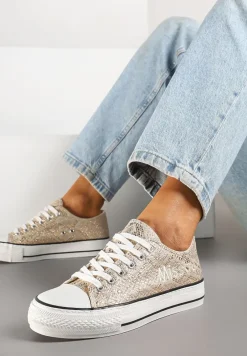 Złote Wężowe Brokatowe Trampki z Napisem i Niską Cholewką Borlevi