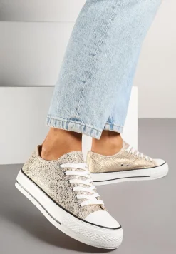 Złote Wężowe Brokatowe Trampki z Napisem i Niską Cholewką Borlevi