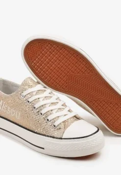 Złote Wężowe Brokatowe Trampki z Napisem i Niską Cholewką Borlevi