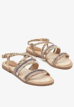 Złote Wężowe Sandały Ozdobione Ćwiekami i Cyrkoniami Pillitte
