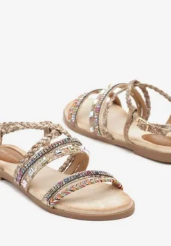 Złote Wężowe Sandały Ozdobione Ćwiekami i Cyrkoniami Pillitte